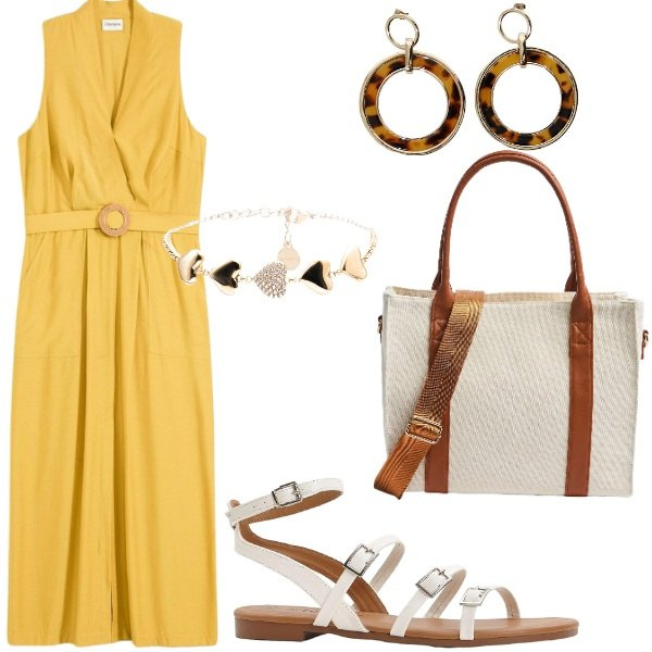 Outfit donna - Le serate di Luglio. Stile Casual per Serata fuori. Abbinamento con sandali, vestiti, shopping bag, braccialetti, orecchini.