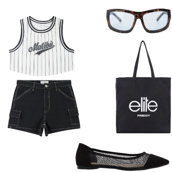 Outfit donna - Outifit di luglio. Stile Casual per Tutti i giorni. Abbinamento con ballerine, canottiere, pantaloni corti, occhiali da sole, shopping bag.