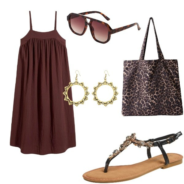 Outfit donna - Outifit di luglio. Stile Casual per Tutti i giorni. Abbinamento con vestiti, occhiali da sole, shopping bag, sandali gioiello, orecchini.