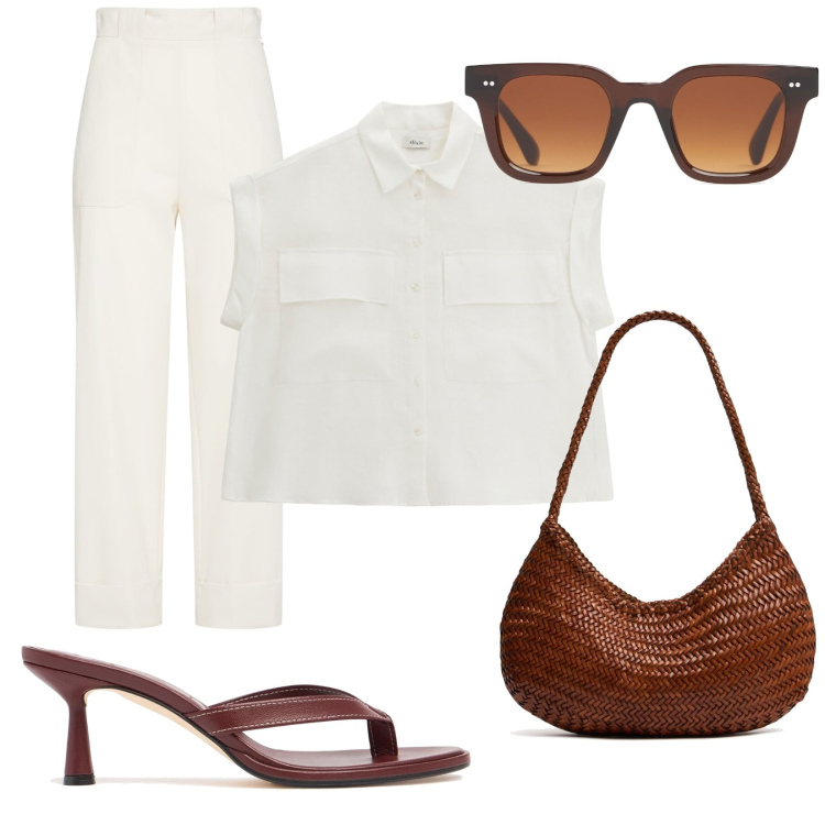 Outfit donna - Rome. Stile Chic per Serata fuori. Abbinamento con camicie a manica corta, borse a spalla, ciabatte, occhiali da sole, pantaloni.