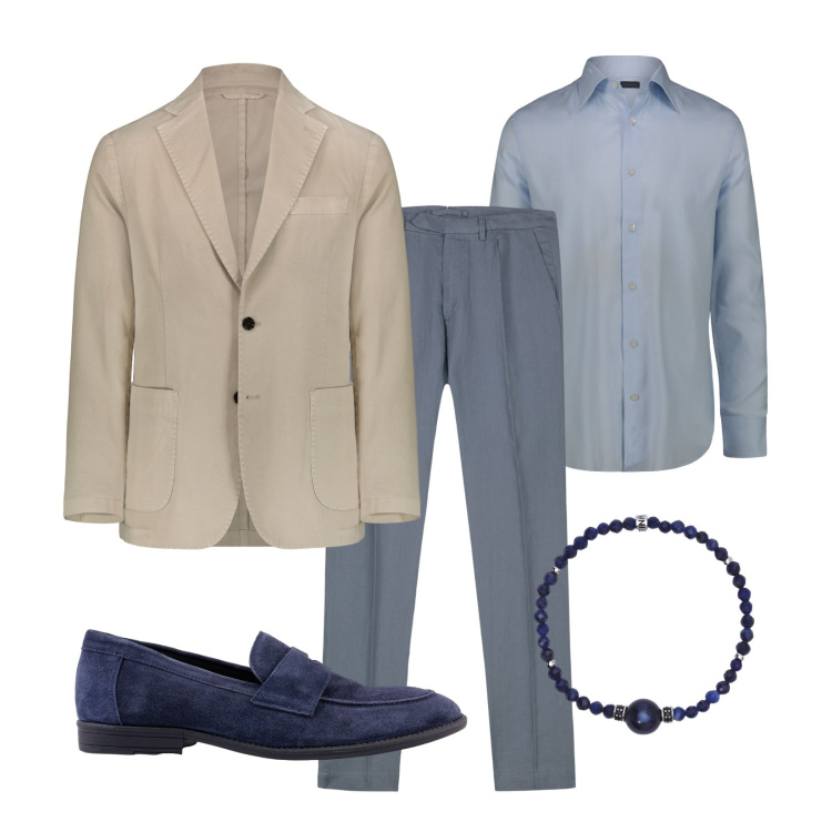 Outfit uomo - Serata estiva!. Stile Business/Elegante per Serata speciale. Abbinamento con braccialetti, giacche, camicie, pantaloni, scarpe stringate.
