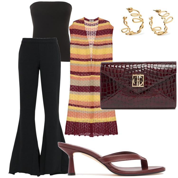 Outfit donna - Madrid. Stile Trendy per Serata fuori. Abbinamento con gilet, orecchini, pochette, top, ciabatte, pantaloni.