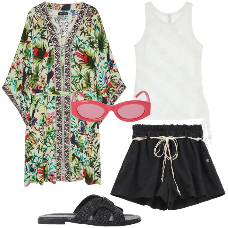 Outfit donna - Total look #2208449. Stile Urban per Tutti i giorni. Abbinamento con shorts, top, sandali, caftani, occhiali da sole.
