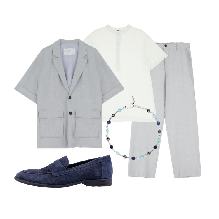 Outfit uomo - Evento sotto le stelle!. Stile Trendy per Serata speciale. Abbinamento con braccialetti, giacche, t-shirt, pantaloni, scarpe stringate.