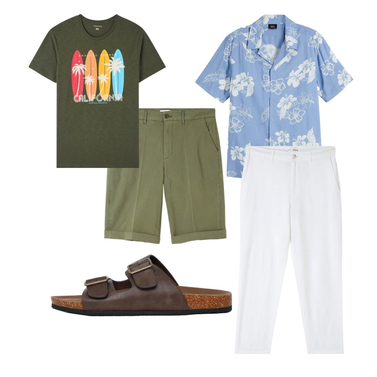 Outfit uomo - Valigia leggera!. Stile Casual per Mare. Abbinamento con camicie a manica corta, bermuda, pantaloni, t-shirt, sandali.