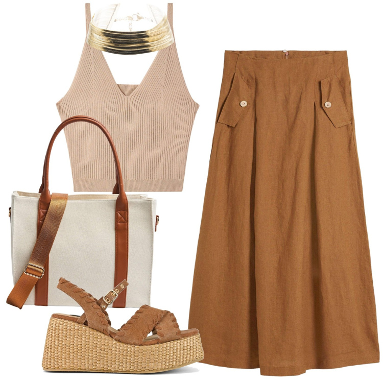 Outfit donna - La gonna di luglio. Stile Trendy per Ufficio. Abbinamento con gonne, shopping bag, top, braccialetti, zeppe.