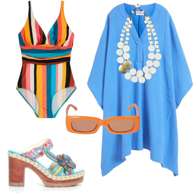 Outfit donna - Estate a colori. Stile Casual per Mare. Abbinamento con vestiti da spiaggia, costumi interi, ciabatte, ciondoli, occhiali da sole.