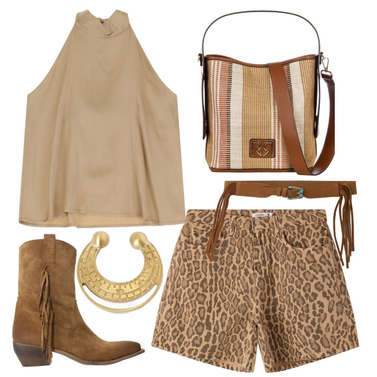 Outfit donna - Frange e animalier. Stile Casual per Serata fuori. Abbinamento con stivali, top, cinture, shorts, borse a secchiello, orecchini.