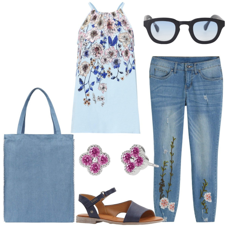 Outfit donna - Fiori e jeans. Stile Romantica per Tutti i giorni. Abbinamento con jeans, top, sandali, borse tote, orecchini, occhiali da sole.