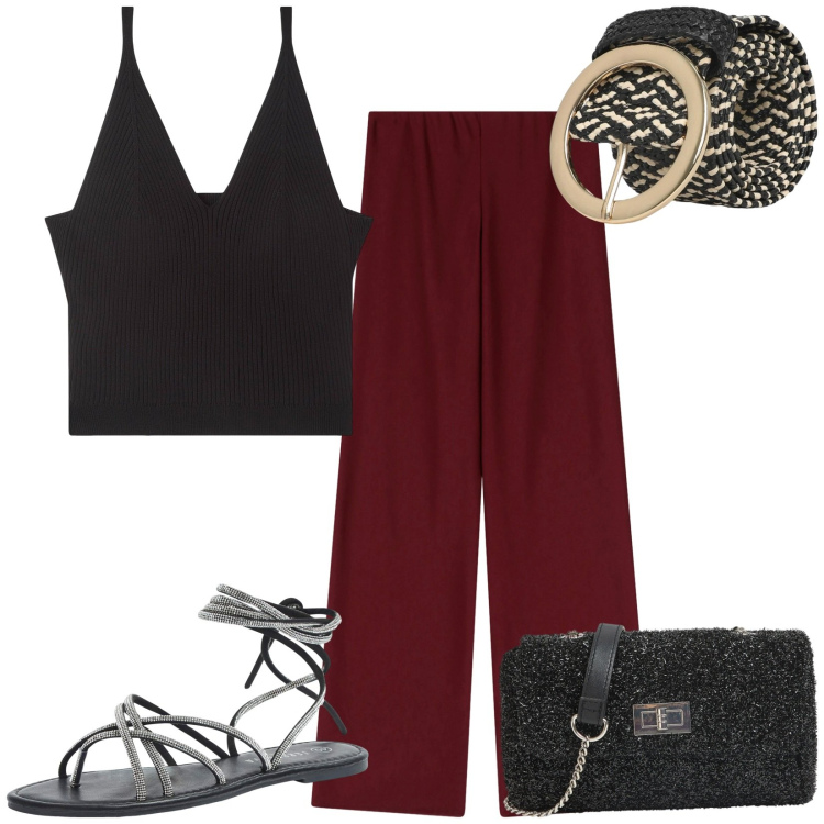 Outfit donna - Total look #2208465. Stile Casual per Tutti i giorni. Abbinamento con sandali alla schiava, top, borse a tracolla, cinture, pantaloni.