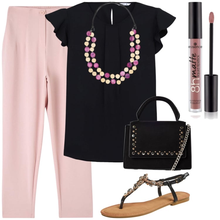 Outfit donna - Ufficio. Stile Glamour per Ufficio. Abbinamento con rossetti, bluse, pantaloni chino, borse a tracolla, sandali gioiello, collane.