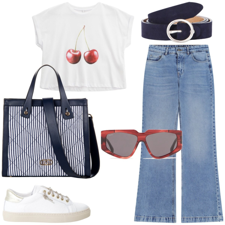 Outfit donna - Cherries. Stile Casual per Tutti i giorni. Abbinamento con shopping bag, t-shirt, sneakers, jeans, cinture, occhiali da sole.