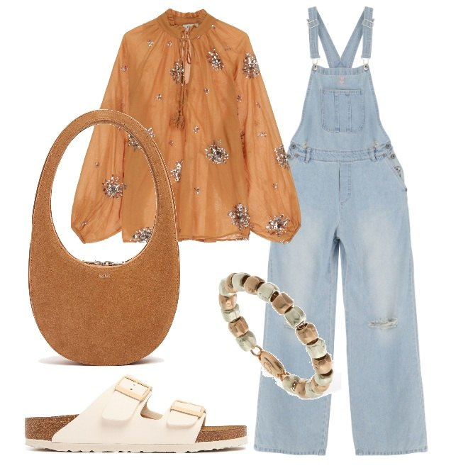 Outfit donna - Salopette di Jeans. Stile Boho per Tutti i giorni. Abbinamento con salopette, camicie, anelli, sandali, borse a spalla.