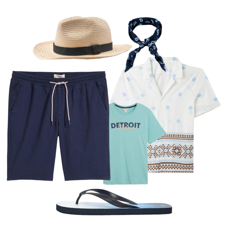 Outfit uomo - Viaggio estivo!. Stile Casual per Mare. Abbinamento con bermuda, t-shirt, camicie a manica corta, sandali, sciarpe e foulard, cappelli.