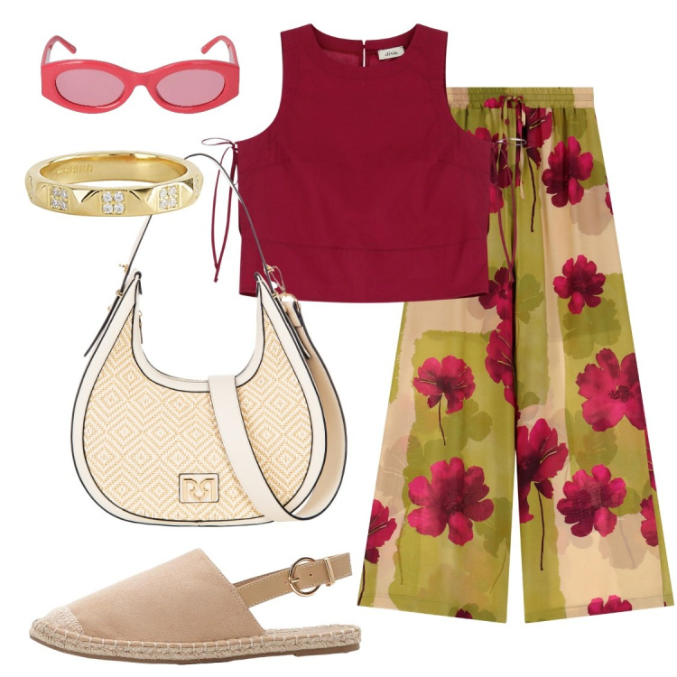 Outfit donna - Fiori rossi. Stile Casual per Tutti i giorni. Abbinamento con espadrillas, borse a mano, anelli, pantaloni, top, occhiali da sole.