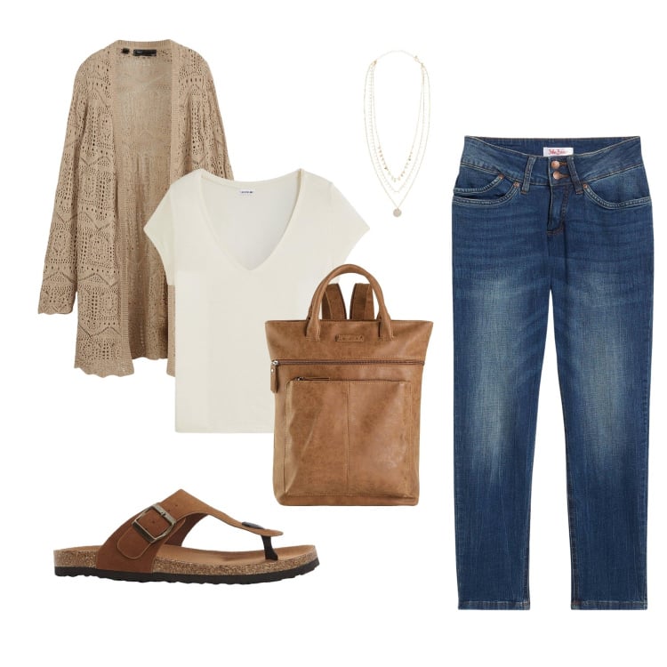 Outfit donna - Passeggiata al lago. Stile Boho per Serata fuori. Abbinamento con cardigans, jeans mom, zaini, t-shirt, infradito, collane.