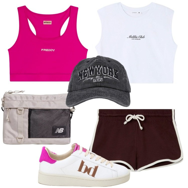 Outfit donna - Sport a luglio. Stile Casual per Sport. Abbinamento con t-shirt, pantaloncini sportivi, cappelli, borse sportive, sneakers, reggiseni.