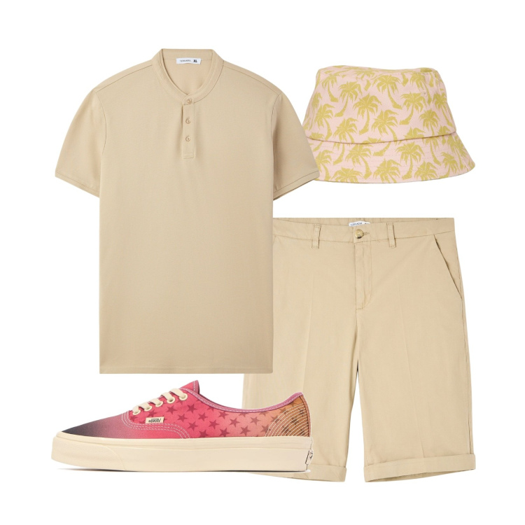 Outfit uomo - T-shirt monocromatica!. Stile Urban per Mare. Abbinamento con bermuda, cappelli con visiera, t-shirt, sneakers.