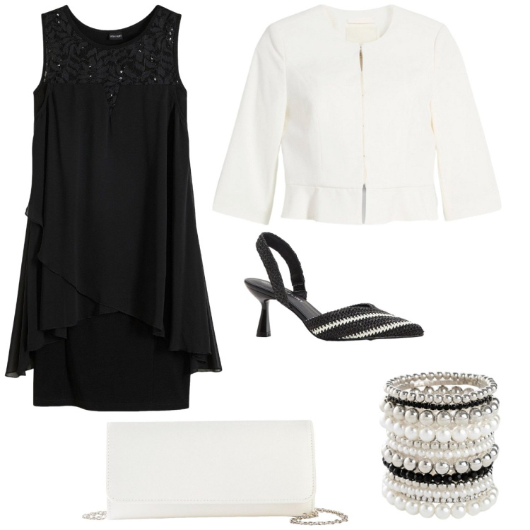 Outfit donna - Cerimonia in bianco e nero. Stile Chic per Cerimonia. Abbinamento con vestiti, blazer, braccialetti, pochette, décolleté.