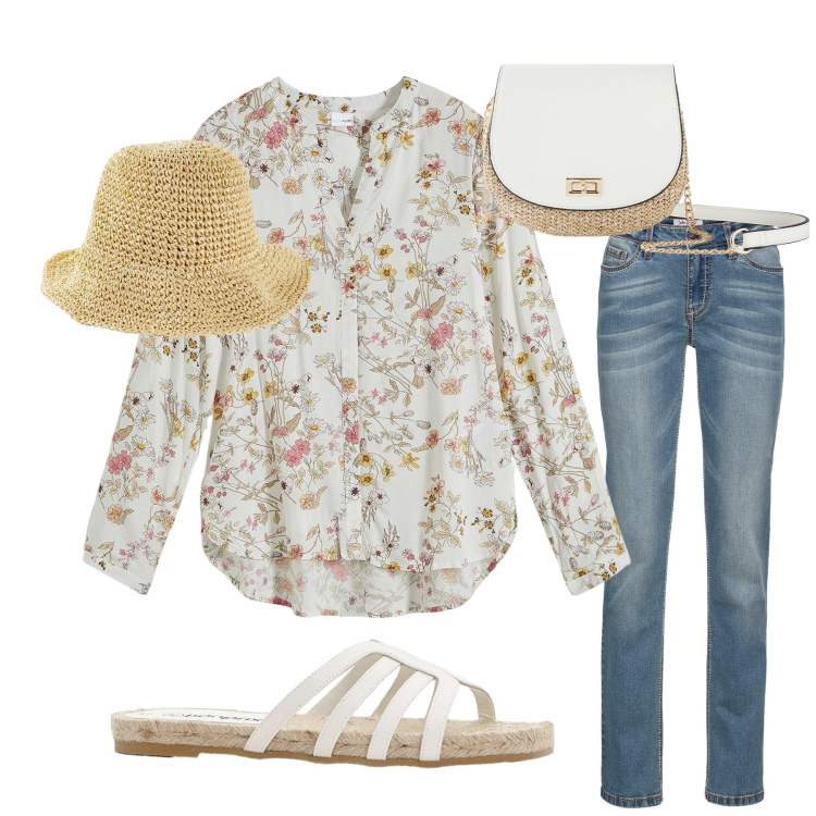 Outfit donna - Il sole. Stile Boho per Tutti i giorni. Abbinamento con camicie, jeans dritti, borse a tracolla, cappelli, ciabatte.