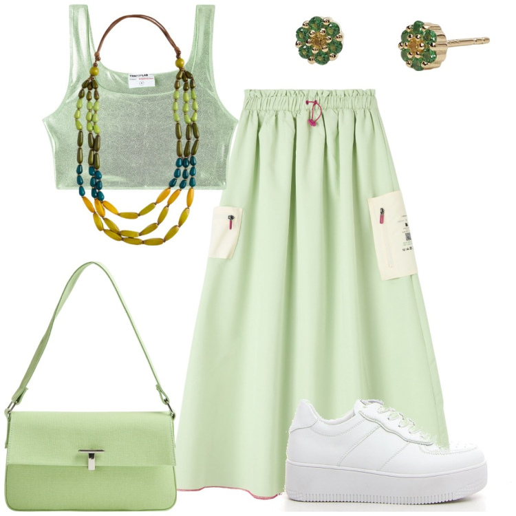 Outfit donna - Luglio con la gonna. Stile Sporty chic per Tutti i giorni. Abbinamento con gonne lunghe, top, borse a spalla, orecchini, sneakers, collane.