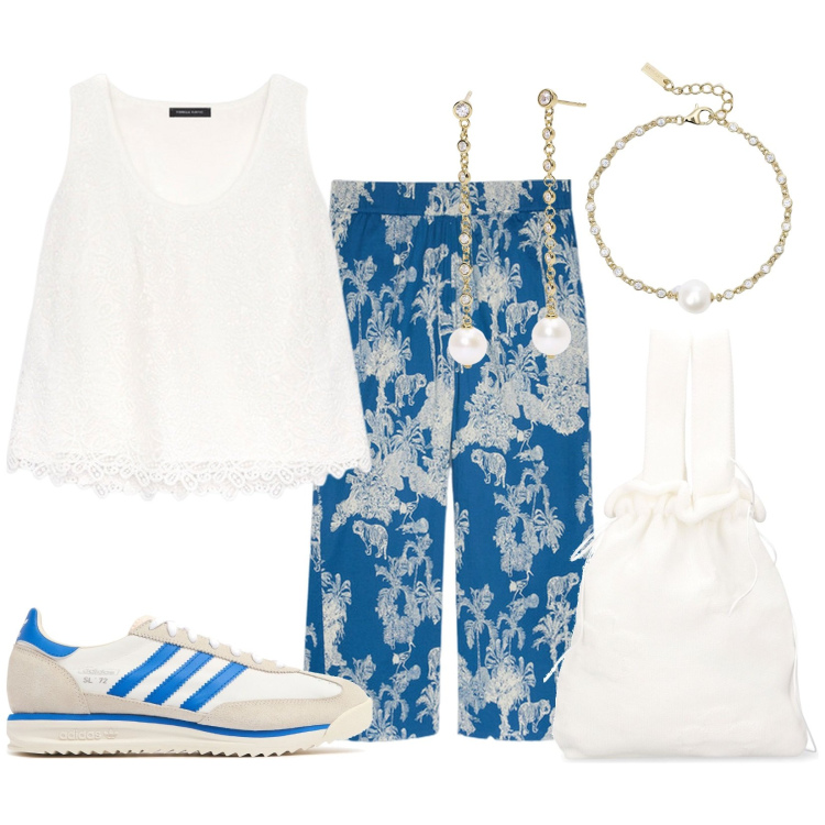 Outfit donna - Egeo. Stile Casual per Tutti i giorni. Abbinamento con orecchini, braccialetti, top, pantaloni, borse a mano, sneakers.