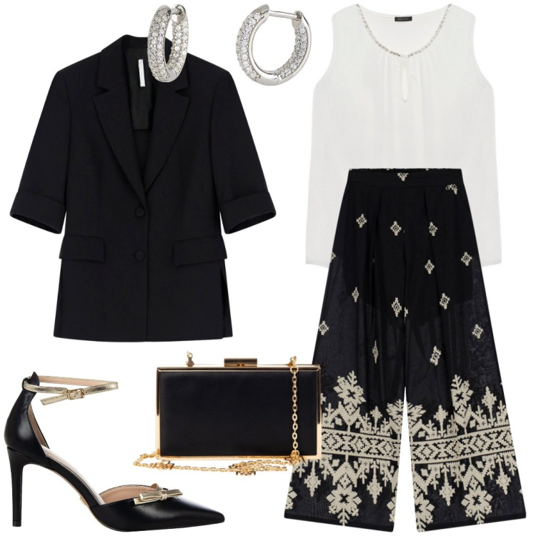 Outfit donna - I pantaloni fluidi stile etnico. Stile Glamour per Cerimonia. Abbinamento con orecchini, décolleté, pochette, blazer, pantaloni, top.