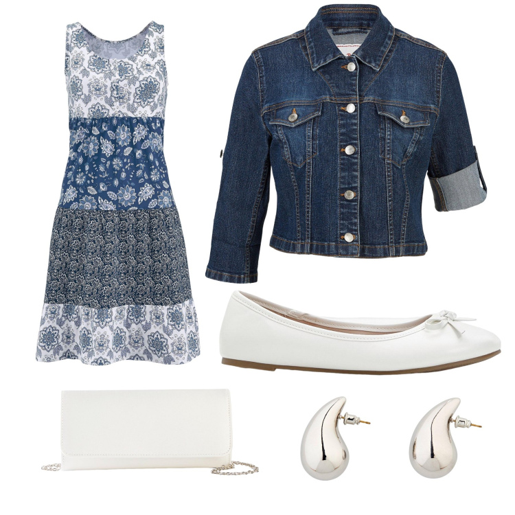 Outfit donna - Una goccia. Stile Casual chic per Tutti i giorni. Abbinamento con ballerine, blazer, vestiti corti, orecchini, pochette.