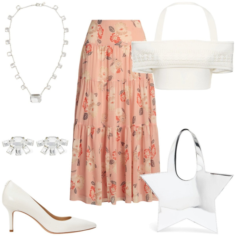 Outfit donna - Eleganza floreale. Stile Bon Ton per Tutti i giorni. Abbinamento con décolleté, collane, gonne longuette, orecchini, borse a tracolla, top.