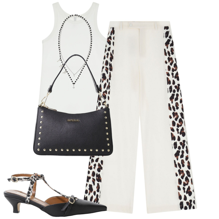 Outfit donna - Summer vibes imperial. Stile Casual chic per Tutti i giorni. Abbinamento con pantaloni a palazzo, décolleté, collane, top, borse a spalla.