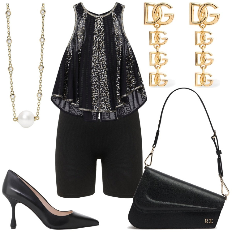 Outfit donna - Risplendi con semplicità. Stile Sexy per Serata fuori. Abbinamento con collane, décolleté, top, shorts, borse a spalla, orecchini.