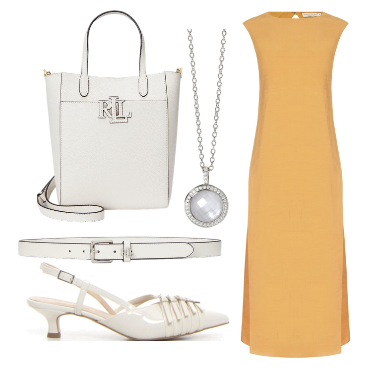 Outfit donna - Yellow. Stile Chic per Cerimonia. look ideale per Tall. Abbinamento con vestiti senza maniche, collane, cinture, borse tote, décolleté.