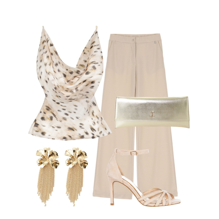 Outfit donna - Dettagli. Stile Chic per Serata fuori. Abbinamento con sandali col tacco, top, pochette, pantaloni, orecchini.