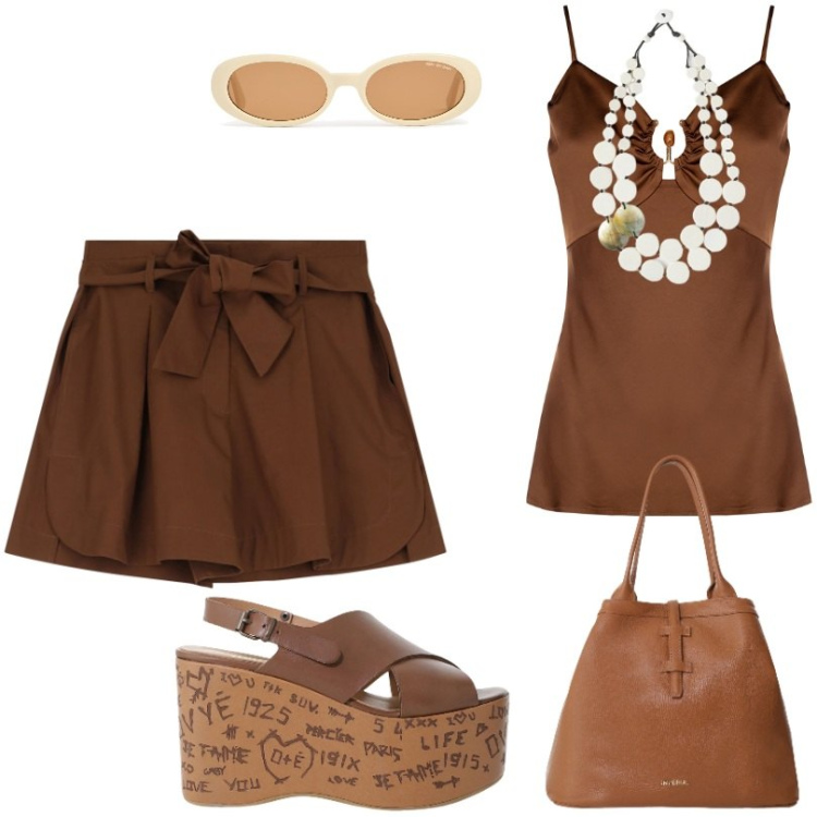 Outfit donna - Top in Raso Marrone. Stile Casual per Tutti i giorni. Abbinamento con top, shorts, borse tote, zeppe, ciondoli, occhiali da sole.
