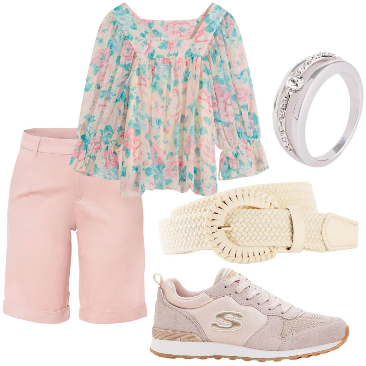 Outfit donna - Pink. Stile Casual per Tutti i giorni. Abbinamento con bermuda, bluse, anelli, sneakers, cinture.