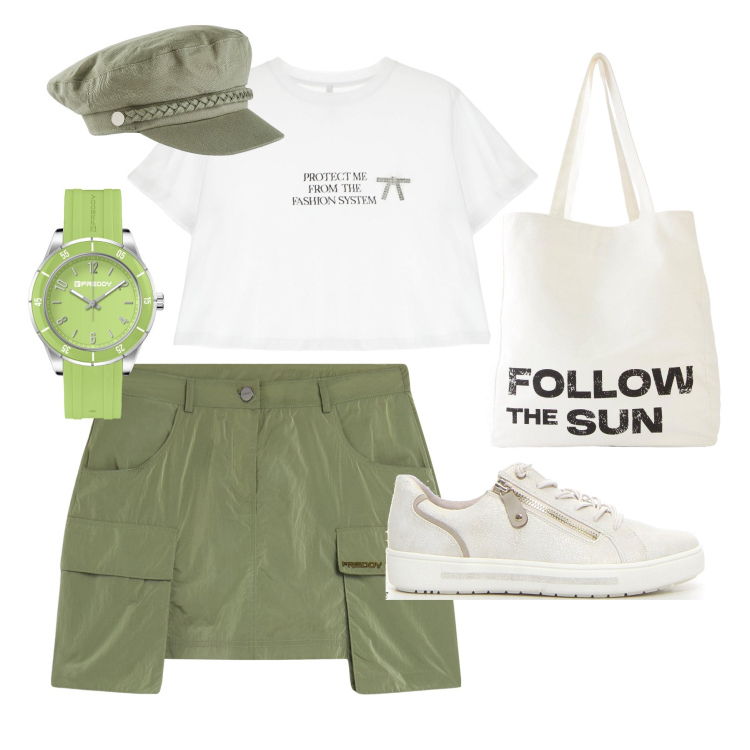 Outfit donna - A spasso con i cani. Stile Sporty chic per Tutti i giorni. Abbinamento con cappelli, shopping bag, t-shirt, minigonne, orologi, sneakers.