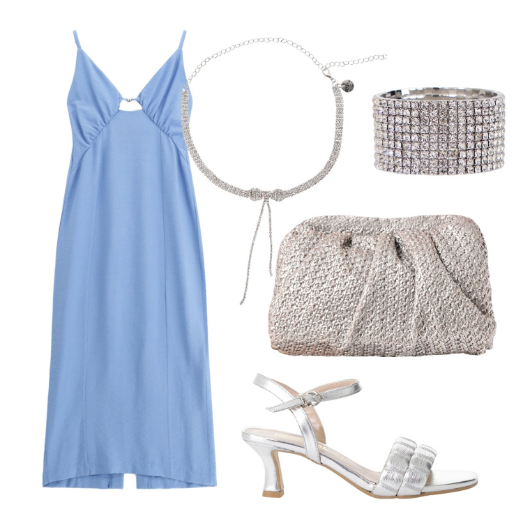 Outfit donna - Un brillante. Stile Chic per Cerimonia. Abbinamento con clutch, vestiti midi/longuette, sandali col tacco, braccialetti, collane.