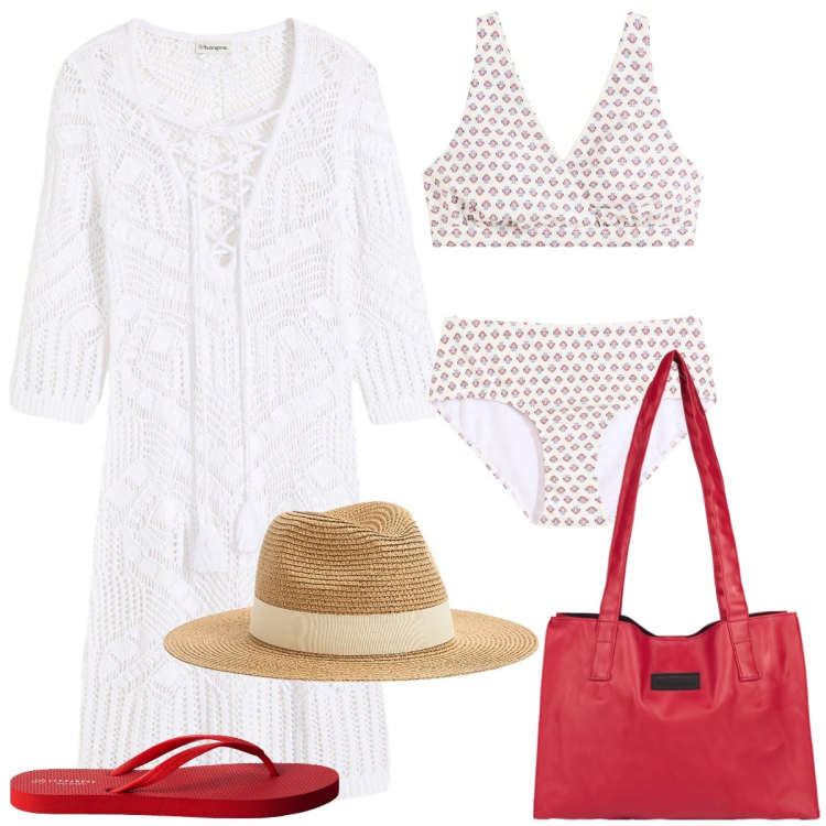 Outfit donna - Al mare. Stile Boho per Mare. Abbinamento con vestiti da spiaggia, bikini, bikini, infradito, cappelli, shopping bag.