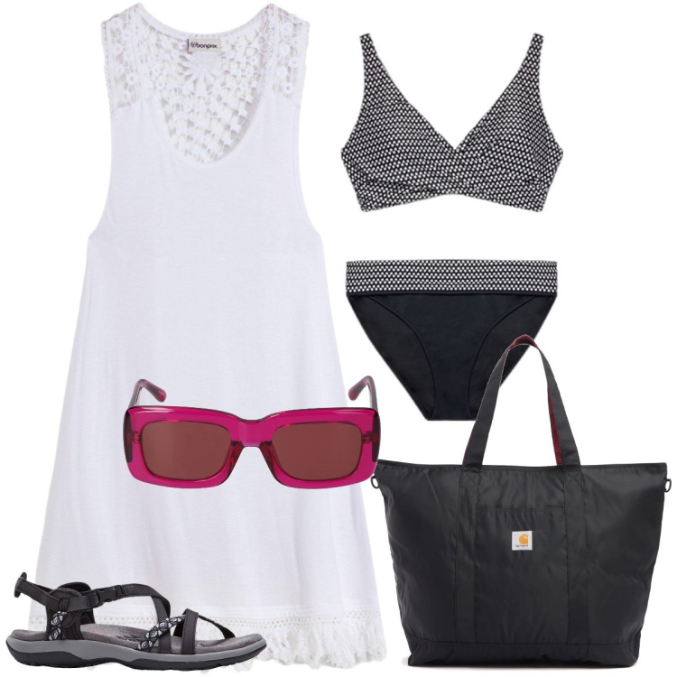 Outfit donna - In spiaggia. Stile Casual chic per Mare. Abbinamento con sandali, vestiti da spiaggia, bikini, occhiali da sole, shopping bag.