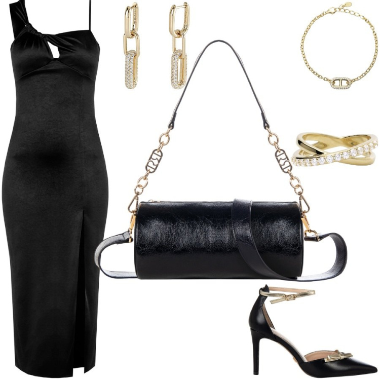 Outfit donna - L\'eleganza intramontabile del nero. Stile Glamour per Serata fuori. Abbinamento con borse a mano, vestiti, décolleté, orecchini, braccialetti, anelli.