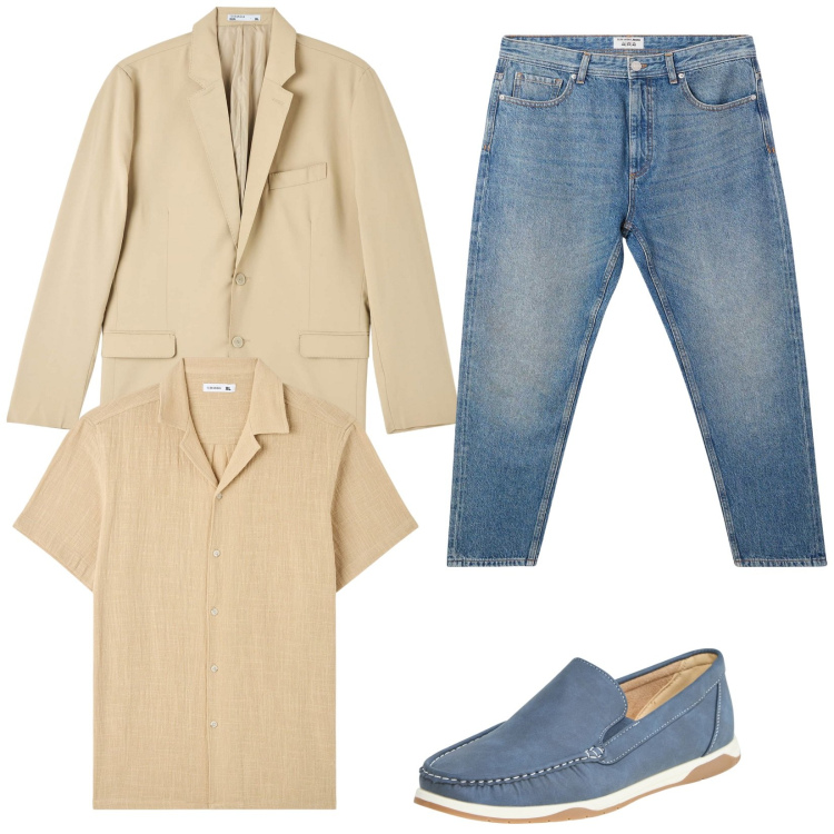 Outfit uomo - Serata estiva elegante. Stile Casual per Serata speciale. Abbinamento con giacche, scarpe stringate, camicie a manica corta, jeans.