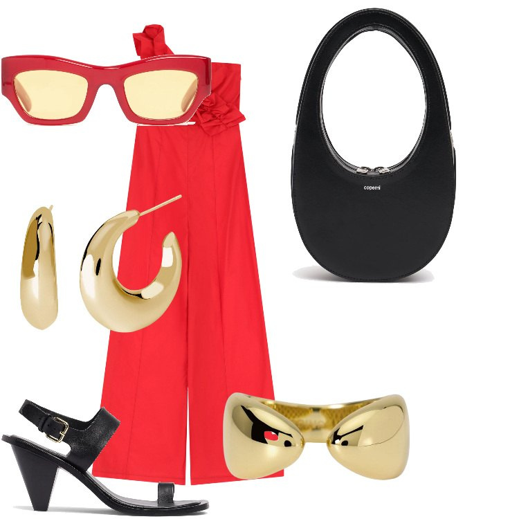 Outfit donna - Total look #2208526. Abbinamento con orecchini, anelli, tute, borse a mano, sandali in pelle, occhiali da sole.