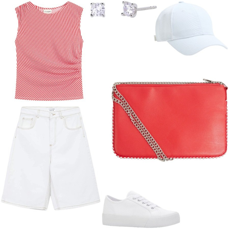 Outfit donna - Una giornata da turista. Stile Casual per Tutti i giorni. Abbinamento con top, sneakers, cappelli, borse a tracolla, bermuda, orecchini.