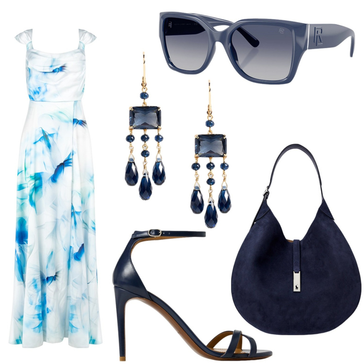 Outfit donna - Blue. Stile Romantica per Cerimonia. Abbinamento con vestiti, occhiali da sole, borse a spalla, sandali col tacco, orecchini.