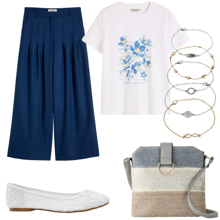 Outfit donna - Bonprix Summer sales. Stile Bon Ton per Ufficio. Abbinamento con pantaloni, braccialetti con ciondoli, ballerine, t-shirt, borse a tracolla.