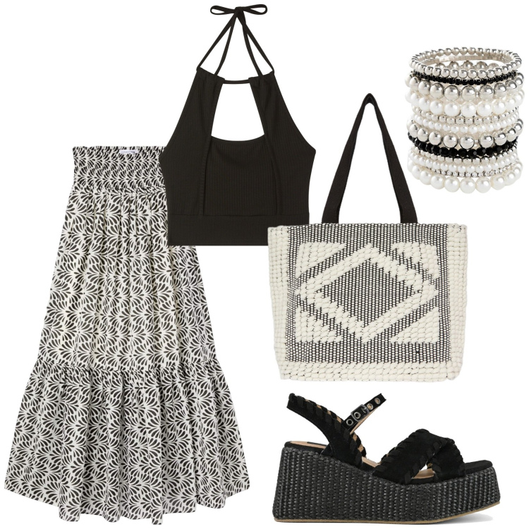 Outfit donna - Luglio boho. Stile Boho per Tutti i giorni. Abbinamento con braccialetti, gonne lunghe, top, zeppe, shopping bag.