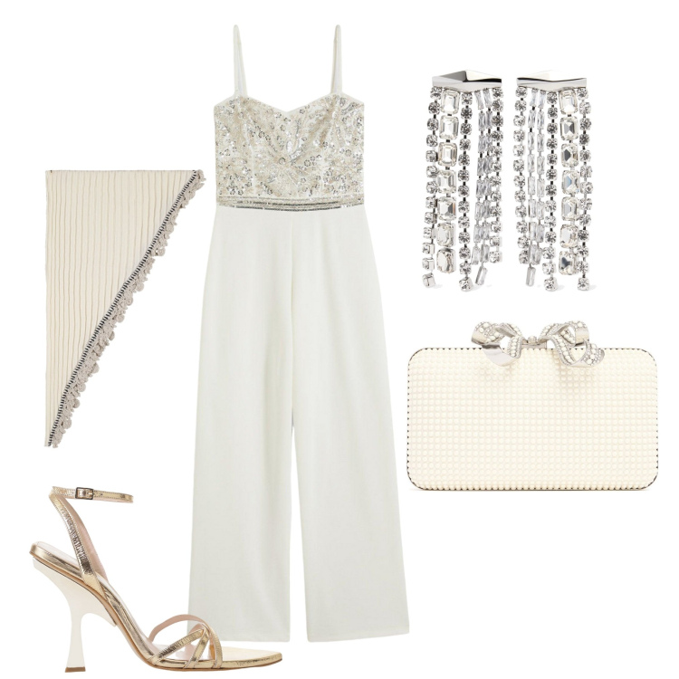 Outfit donna - Raffinato bianco. Stile Glamour per Serata fuori. Abbinamento con tute, sandali col tacco, pochette, orecchini, sciarpe.