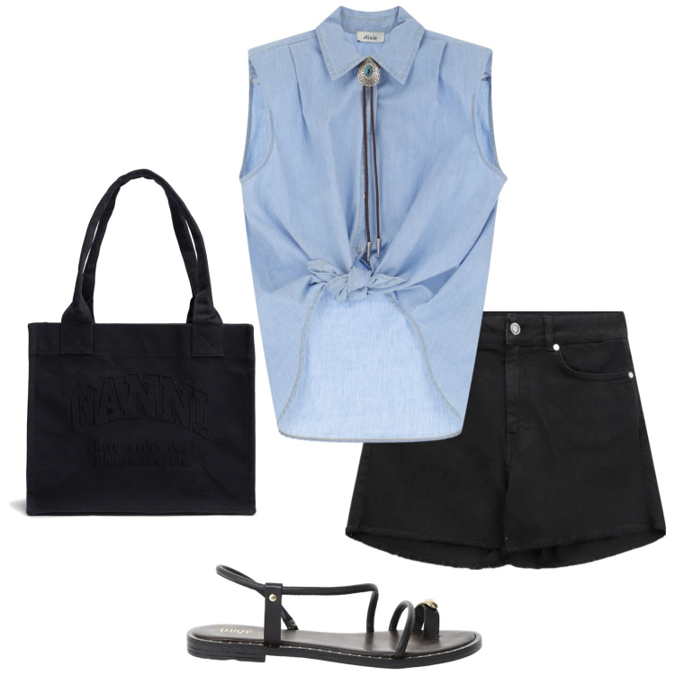 Outfit donna - Nodo alla camicia. Stile Casual chic per Tutti i giorni. Abbinamento con camicie, shorts, sandali, shopping bag.