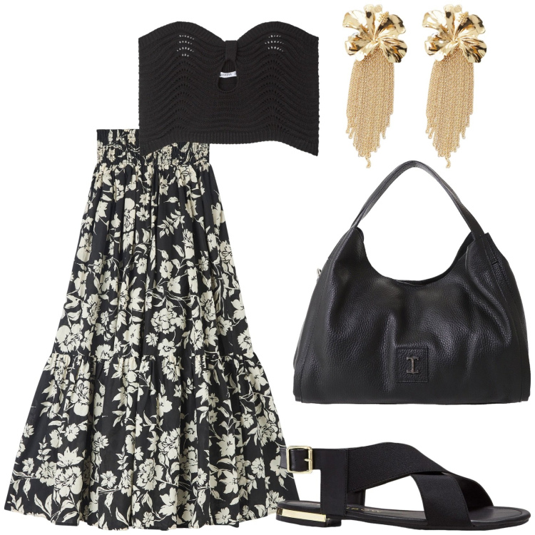 Outfit donna - Total look #2208553. Stile Boho per Tutti i giorni. Abbinamento con sandali, gonne lunghe, top, pochette, orecchini.