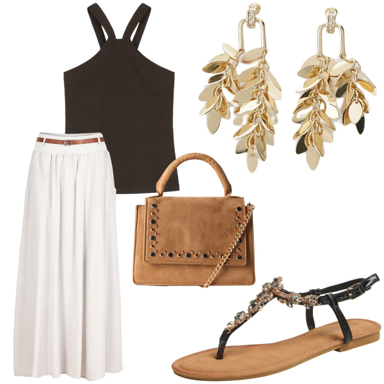 Outfit donna - Una gonna per luglio. Stile Casual chic per Tutti i giorni. Abbinamento con gonne lunghe, borse a tracolla, sandali gioiello, orecchini, top.
